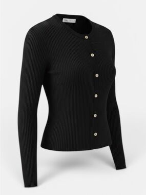 Zara Black Ribbed Button-Up Crew Cardigan